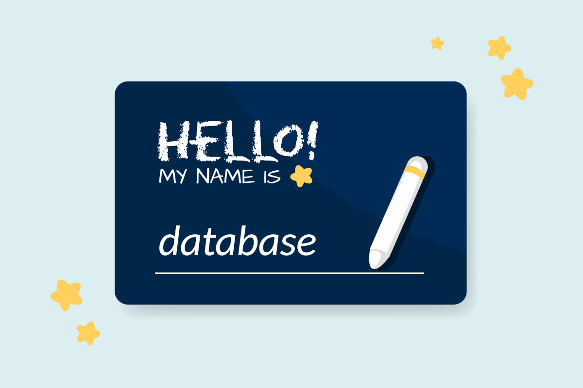 A nametag bearing the name 'Database'